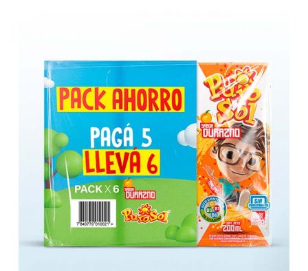PACK DE JUGO PUROSOL DURAZNO PAGUE 5 LLEVE 6 200 M